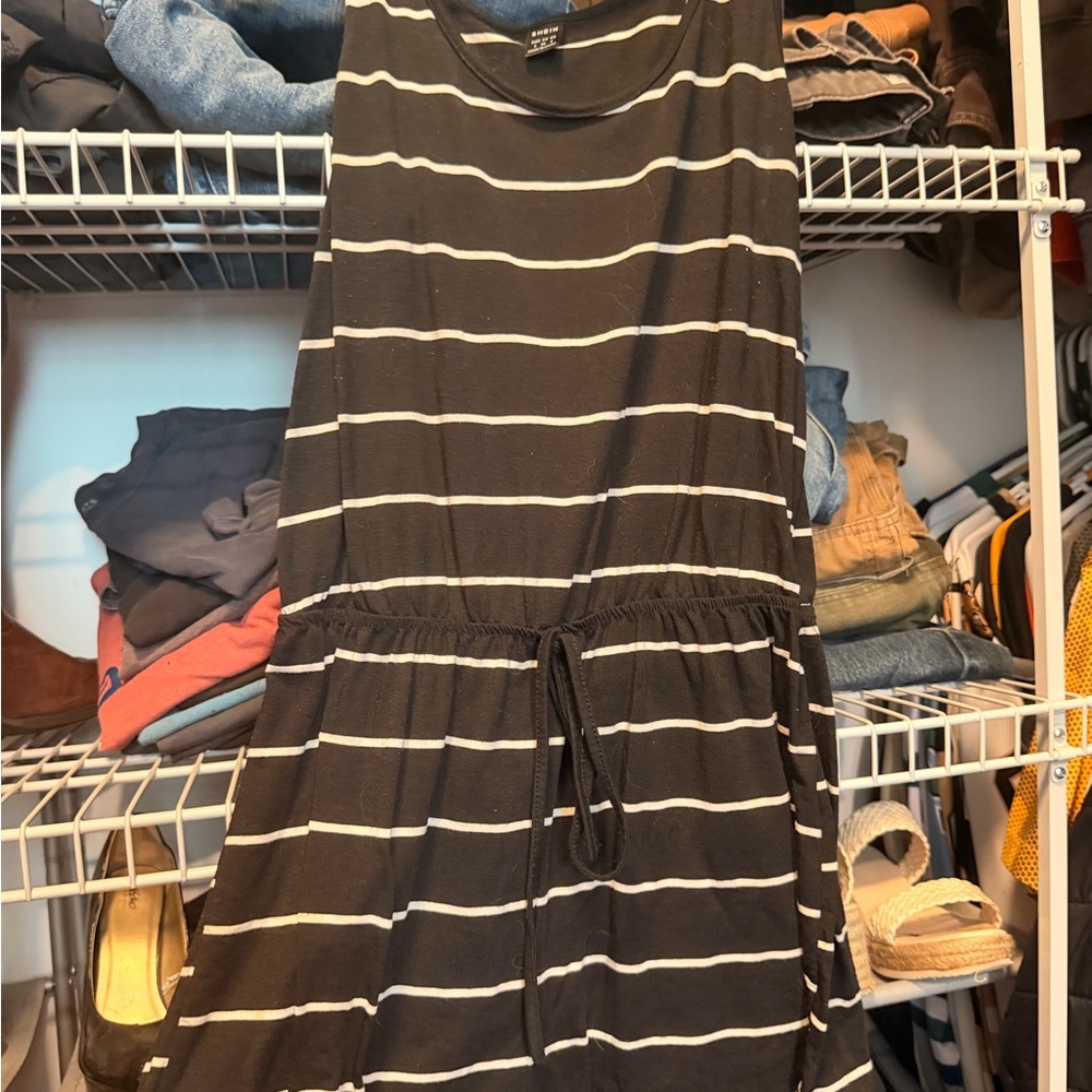 SHEIN Black & White Striped Sleeveless Drawstring Dress